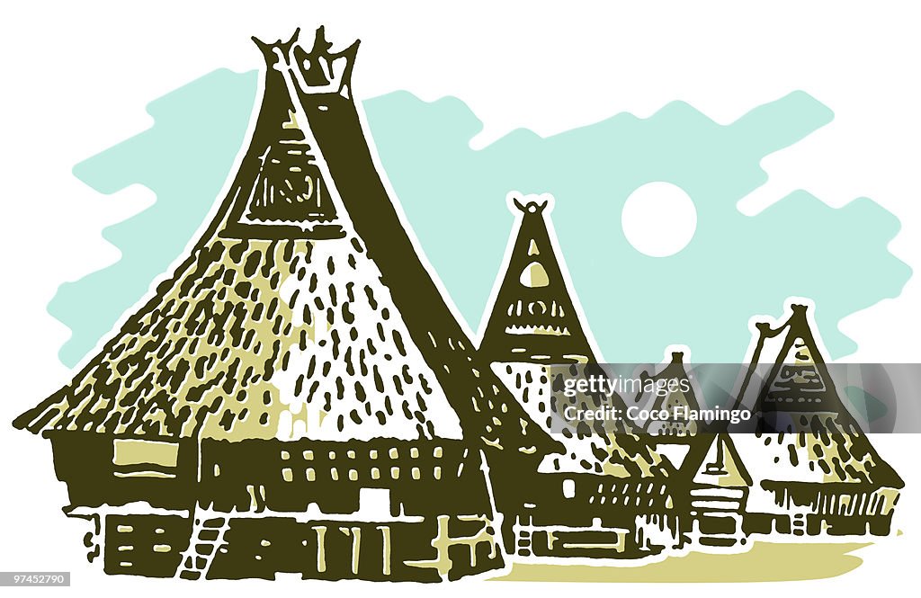 A vintage illustration of traditional huts