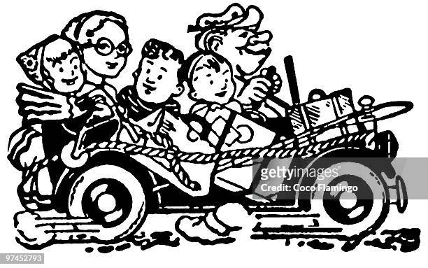 a black and white version of a cartoon style image of a car packed full of family and bags set for v - family with three children stock illustrations