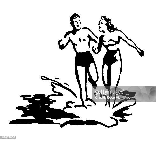 a black and white version of an illustration of a couple having fun in the sun on vacation - beautiful woman sun stock-grafiken, -clipart, -cartoons und -symbole