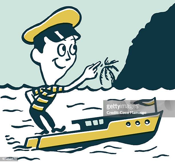 a cartoon style vintage illustration of a small man in a boat - coco brown stock illustrations