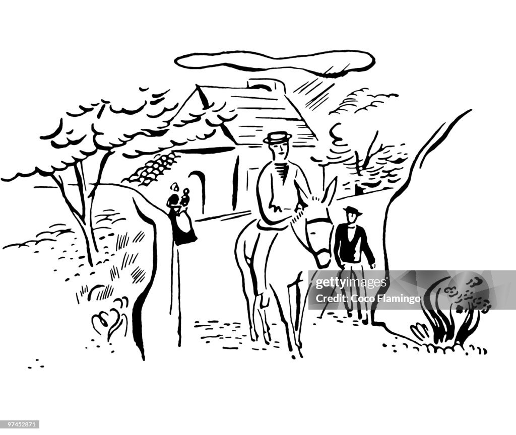 A black and white version of a vintage drawing of a man on a donkey in an Italian village