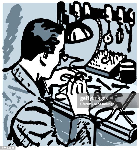 a vintage illustration of a watch maker - uhrmacher stock-grafiken, -clipart, -cartoons und -symbole