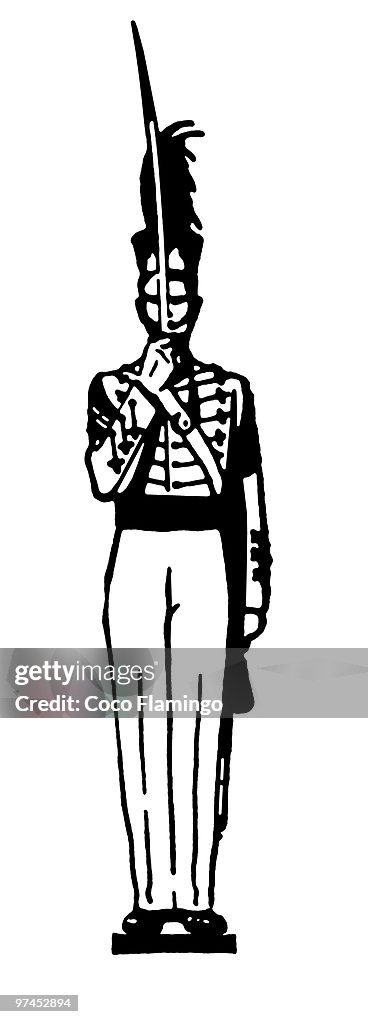 A black and white version of a vintage style image of a soldier