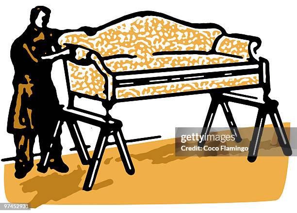 a vintage style image of a man fixing a sofa - coco brown stock illustrations