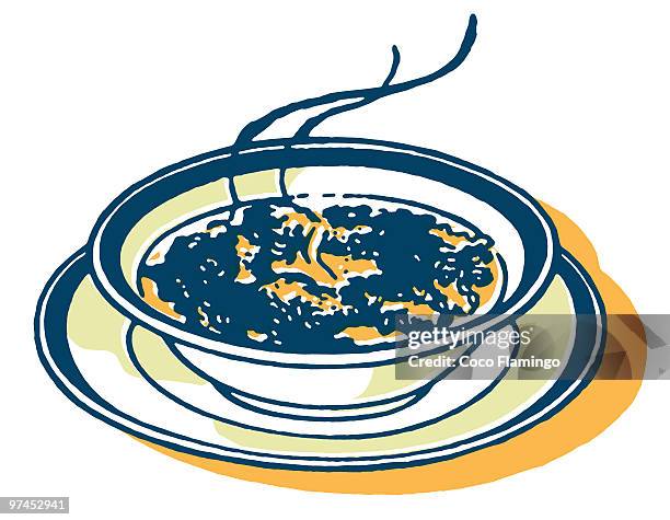a print of a bowl of soup - soup bowl illustration stock illustrations