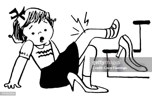 a black and white version of a young girl has fallen over playing in he mothers high heels - girls high heels stock-grafiken, -clipart, -cartoons und -symbole