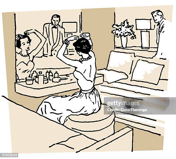 a vintage image of a woman getting ready for the day - mirrored chest of drawers stock illustrations