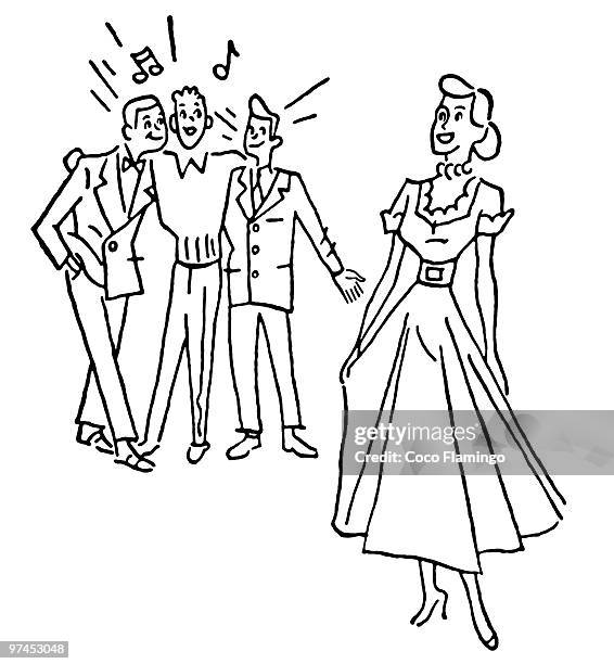 a black and white version of a woman being admired by a group of young men - admired stock illustrations