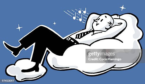 ilustraciones, imágenes clip art, dibujos animados e iconos de stock de a man resting on a cloud - estar-en-las-nubes