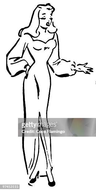 a black and white version of a vintage illustration of a woman pointing - vuxen stock-grafiken, -clipart, -cartoons und -symbole