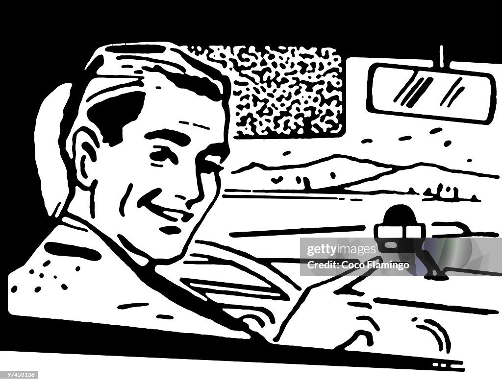 A black and white version of a vintage print of a man driving a car