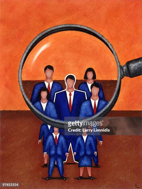 an illustration of a group of business men and women being looked at under a magnifier glass - executive search stock illustrations