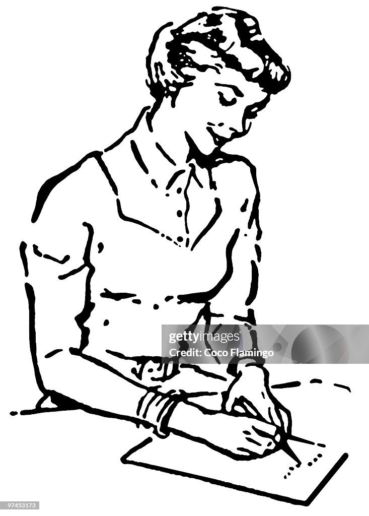 A black and white version of a vintage style portrait of a woman writing a note