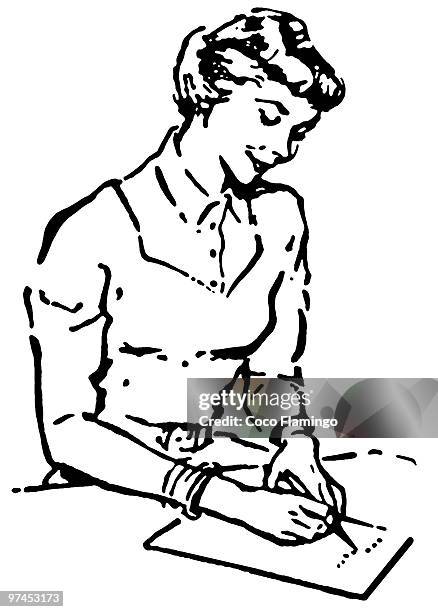 A Black And White Version Of A Vintage Style Portrait Of A Woman Writing A Note High-Res Vector Graphic