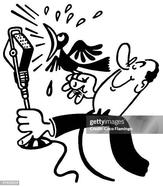 a black an white version of a cartoon style drawing of a man holding a screeching bird in front of a - microphone drop stock illustrations