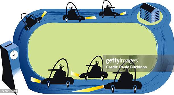 ilustrações de stock, clip art, desenhos animados e ícones de an illustration of cars driving around an oval track - andar às voltas