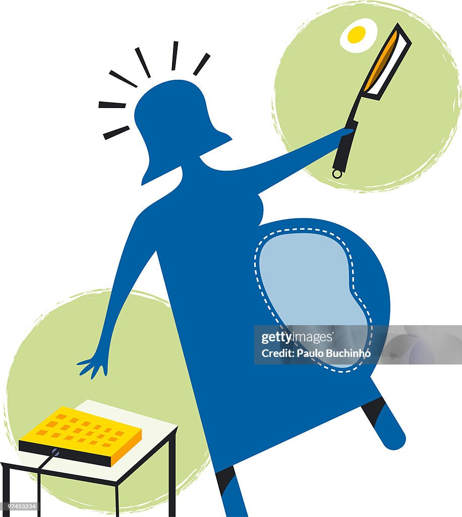 An abstract illustration of a pregnant woman flipping an egg in a pan