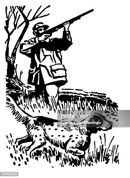 a black and white version of a man pheasant hunting with hounds - bird hunting stock illustrations