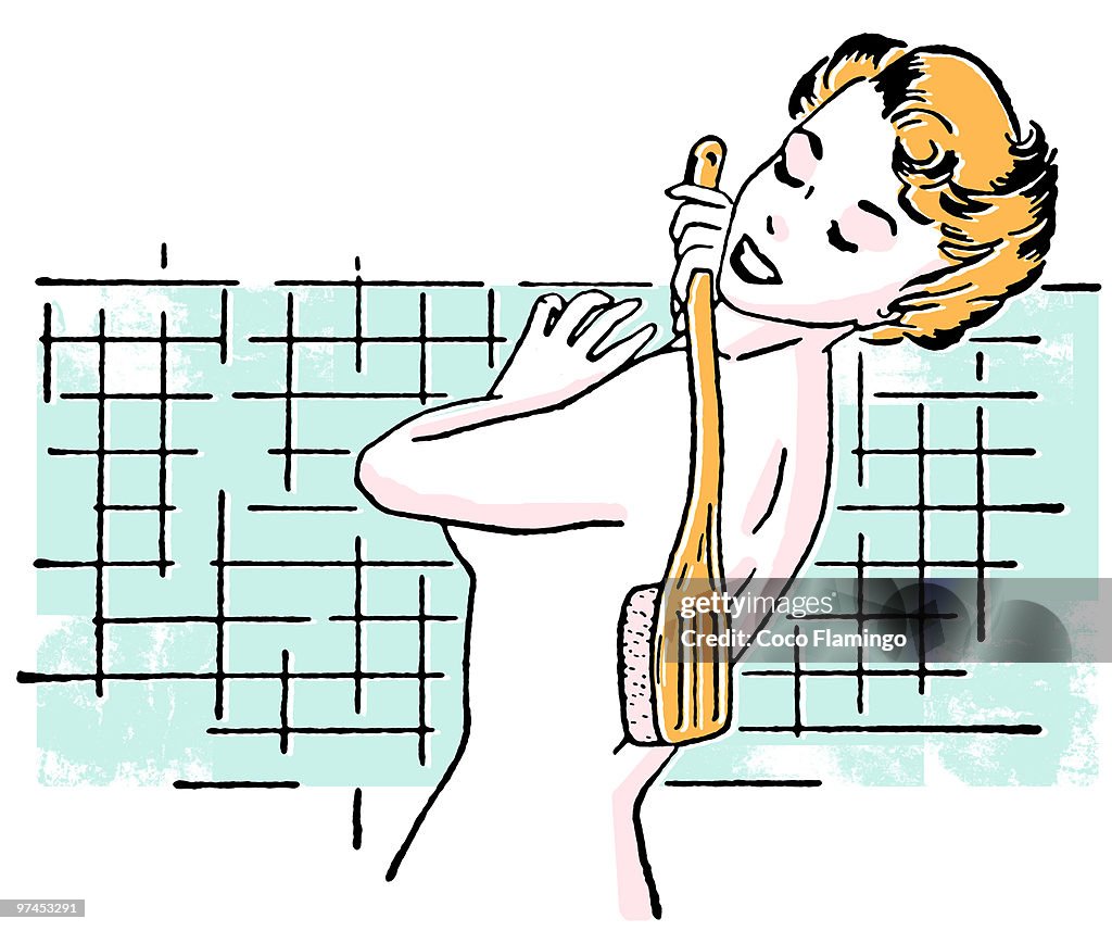 A vintage portrait of a woman in the shower