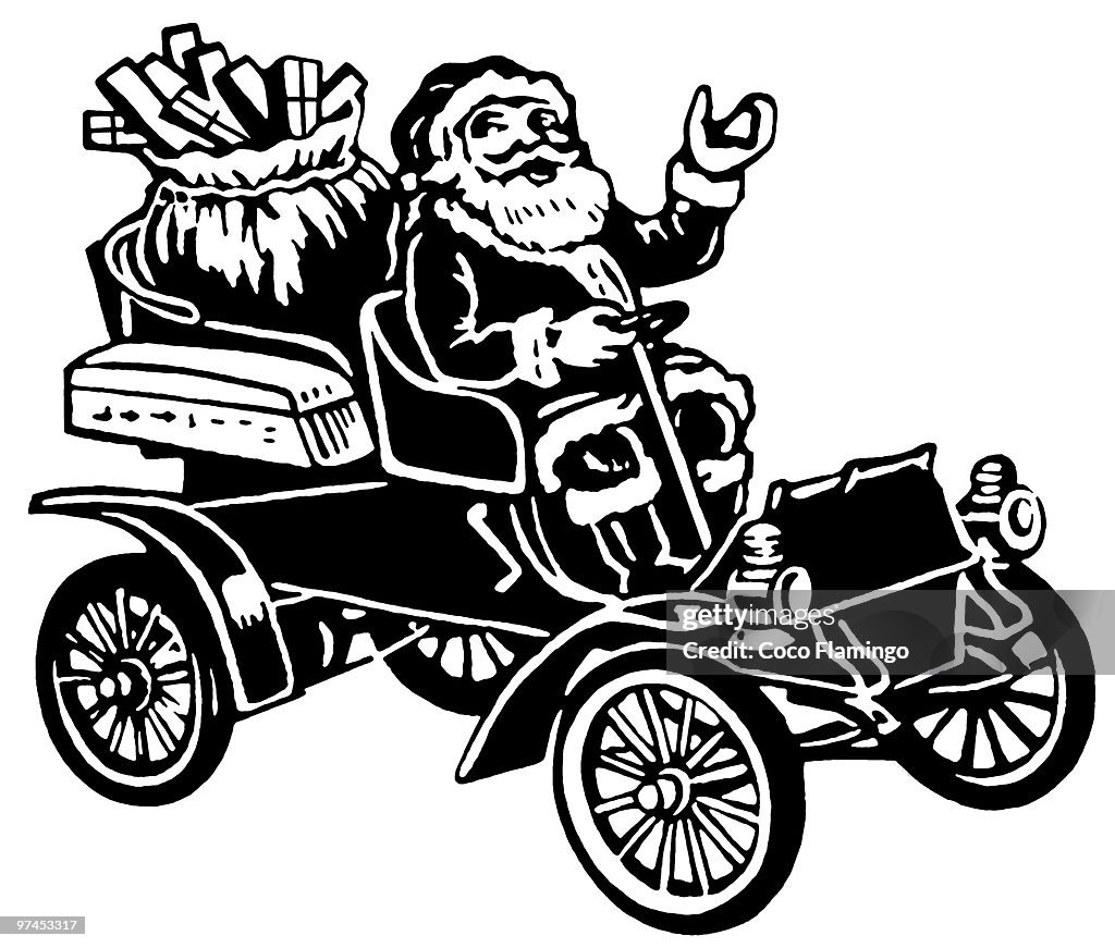 A Christmas inspired illustration of Santa in a car full of gifts