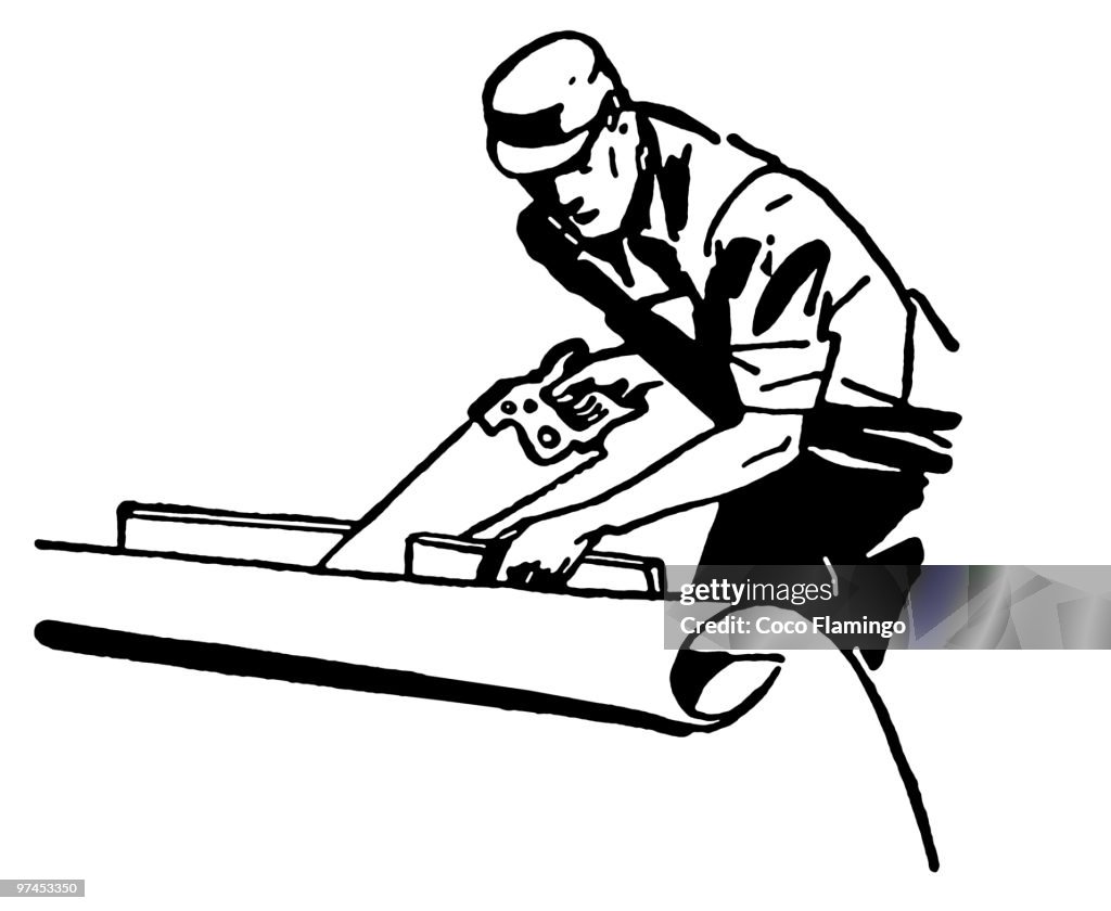 A black and white version of a vintage style drawing of a construction worker