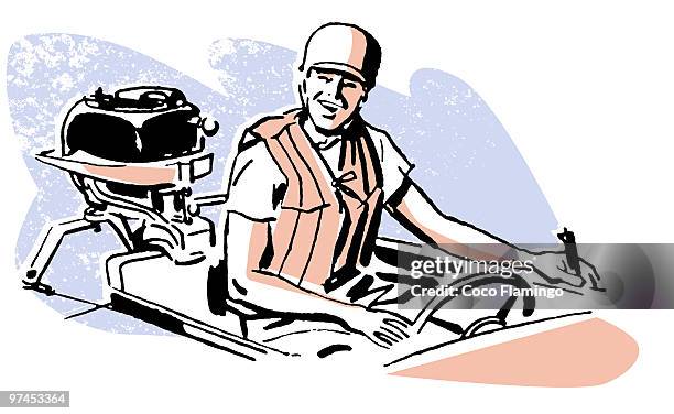 a vintage illustration of a man driving a boat - outboard motor stock illustrations