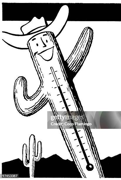 a black and white version of a cactus thermometer - arid climate stock illustrations stock illustrations