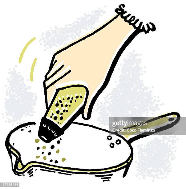 a black and white version of a black and white version of adding salt to the pot - hand sprinkling salt stock illustrations