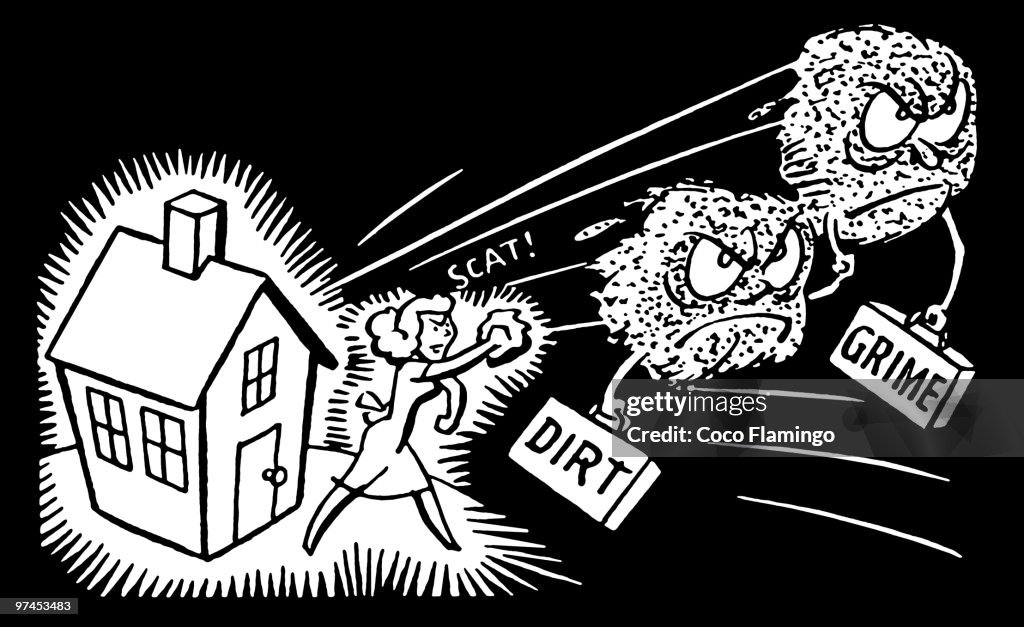 A black and white version of a woman removing dirt and grime furiously from her home