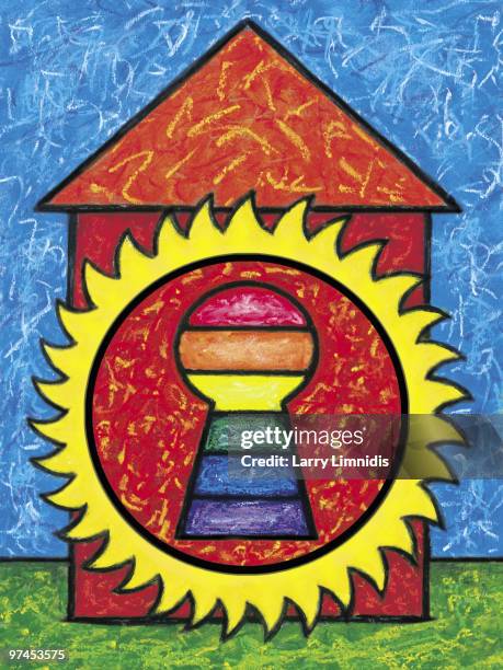 a colorful drawing of a house with an over sized key hole - bright house exterior no people stock illustrations