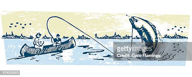 a man in a small boat catching a big fish - big fish stock illustrations