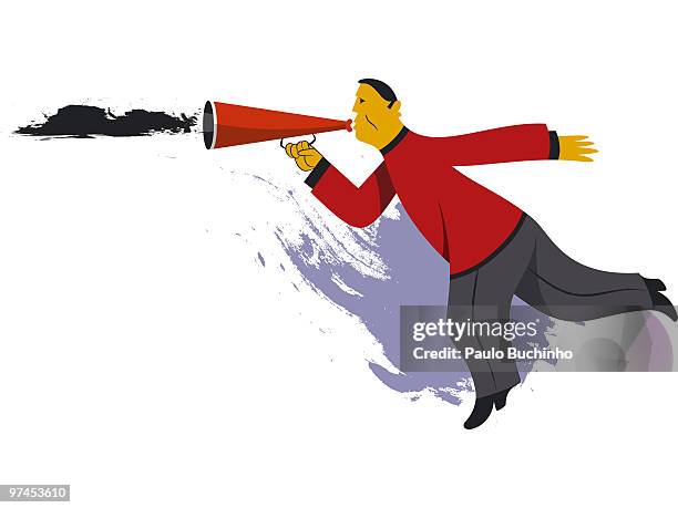 image of a man blowing into a red trumpet - buchinho stock-grafiken, -clipart, -cartoons und -symbole