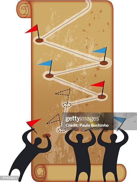 three figures at the base of a paper scroll that details a map - buchinho stock-grafiken, -clipart, -cartoons und -symbole