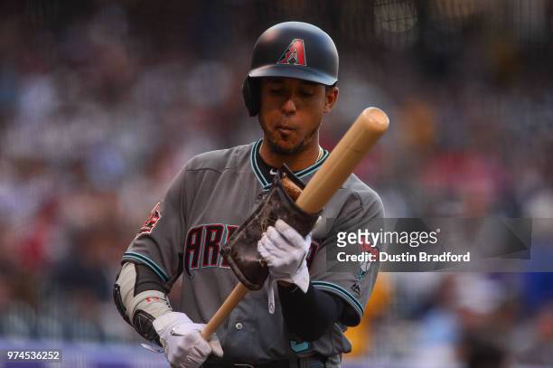 Jon Jay of the Arizona Diamondbacks prepares to bat against the Colorado Rockies in the first inning of a game at Coors Field on June 9, 2018 in...