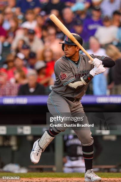 Jon Jay of the Arizona Diamondbacks bats against the Colorado Rockies at Coors Field on June 9, 2018 in Denver, Colorado.