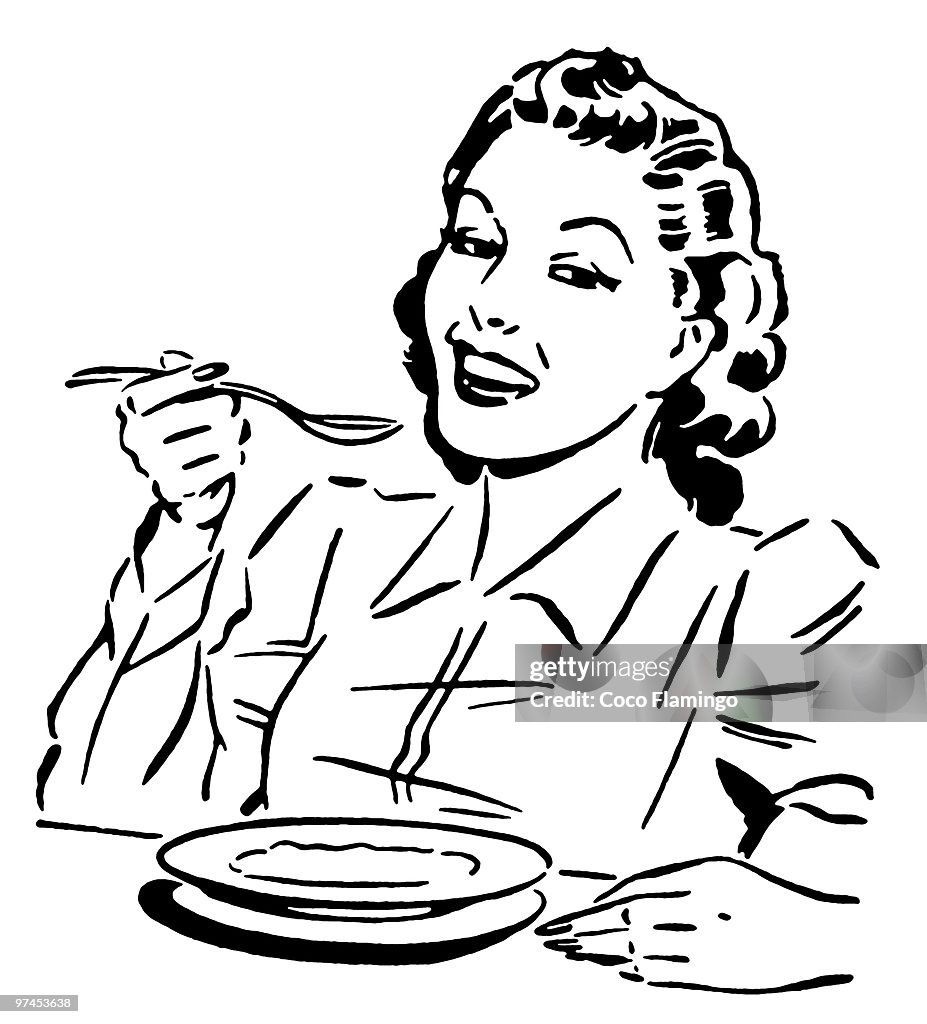 A black and white version of a vintage style portrait of a woman eating