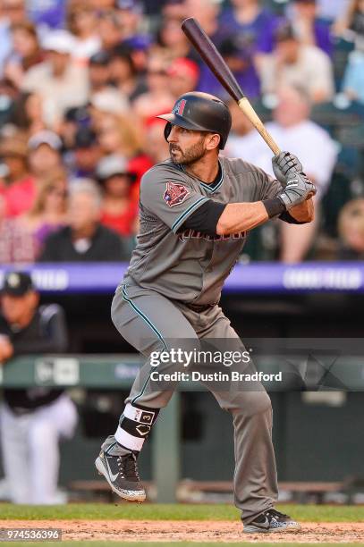 Daniel Descalso of the Arizona Diamondbacks bats against the Colorado Rockies at Coors Field on June 9, 2018 in Denver, Colorado.