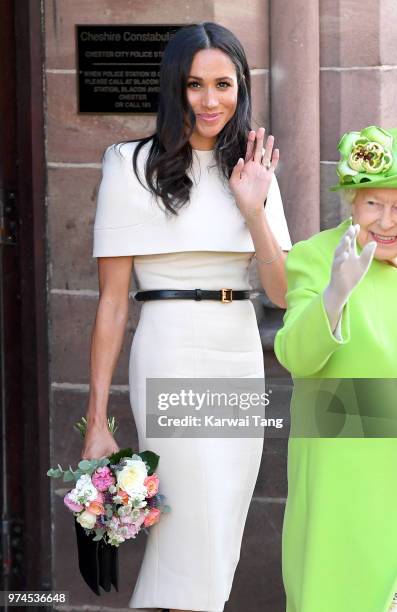 Meghan, Duchess of Sussex departs Chester Town Hall, where she attended lunch with Queen Elizabeth II as guests of Chester City Council on June 14,...