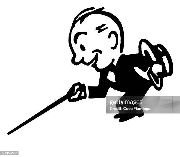 a black an white version of a cartoon style drawing of a small man dressed in a lounge suite with a  - dance cane stock illustrations