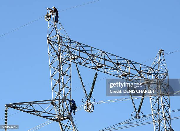 Employees of French electricity transport network operator RTE work on March 5, 2010 near Gravelines, northern France, on a pylon supporting a high...