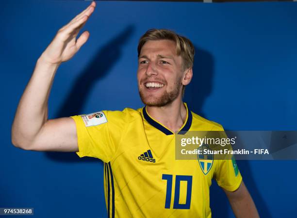 Emil Forsberg of Sweden poses for a photograph during the official FIFA World Cup 2018 portrait session at on June 13, 2018 in Gelendzhik, Russia.