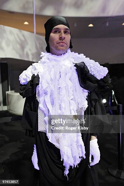 David Portner of Animal Collective prepares to perform onstage at the Solomon R. Guggenheim Museum on March 4, 2010 in New York City.