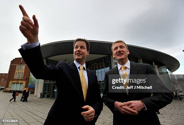 Liberal Democrat leader Nick Clegg arrives at the Scottish Party conference with Tavish Scott on March 5, 2010 in Perth, Scotland. Mr Clegg will...