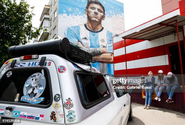 Detail of the car of Argentina Fans who have traveled 32 months to get to the FIFA World Cup on June 14, 2018 in Moscow, Russia. They left Argentina...