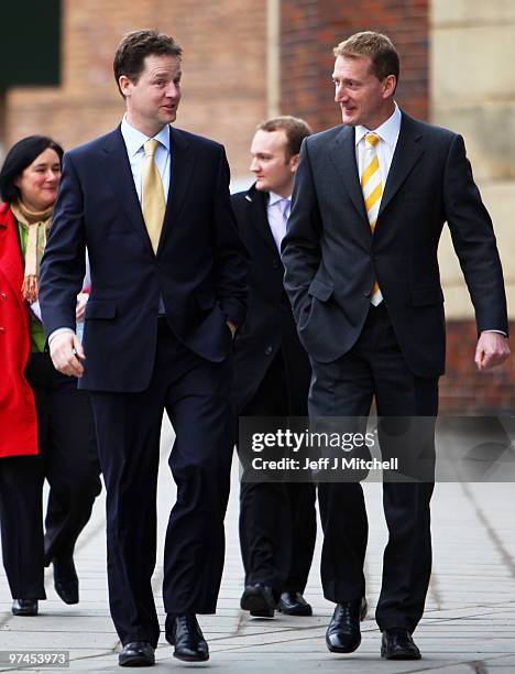 Liberal Democrat leader Nick Clegg arrives at the Scottish Party conference with Tavish Scott on March 5, 2010 in Perth, Scotland. Mr Clegg will...