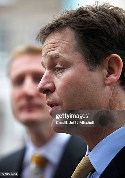 Liberal Democrat leader Nick Clegg arrives at the Scottish Party conference with Tavish Scott on March 5, 2010 in Perth, Scotland. Mr Clegg will...