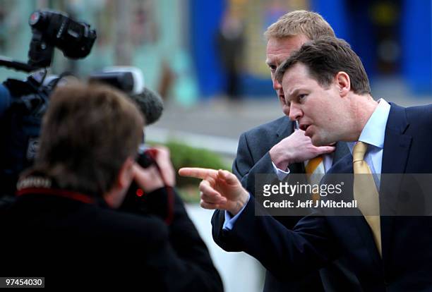 Liberal Democrat leader Nick Clegg arrives at the Scottish Party conference with Tavish Scott on March 5, 2010 in Perth, Scotland. Mr Clegg will...