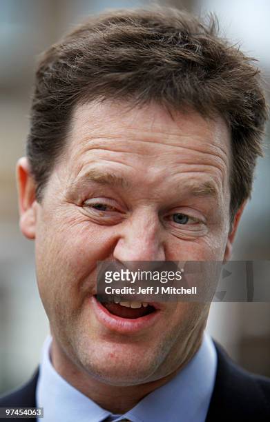 Liberal Democrat leader Nick Clegg arrives at the Scottish Party conference on March 5, 2010 in Perth, Scotland. Mr Clegg will address the conference...