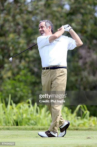 Sam Torrance of Scotland in action during the first round of the Aberdeen Brunei Senior Masters presented by The Stapleford Forum played at the...