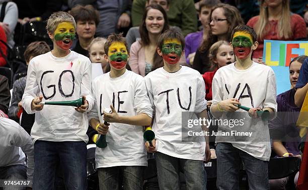 Lituania fans give their support as Laurynas Grigelis of Lithuania plays James Ward of Great Britain during day one of the Davis Cup Tennis match...